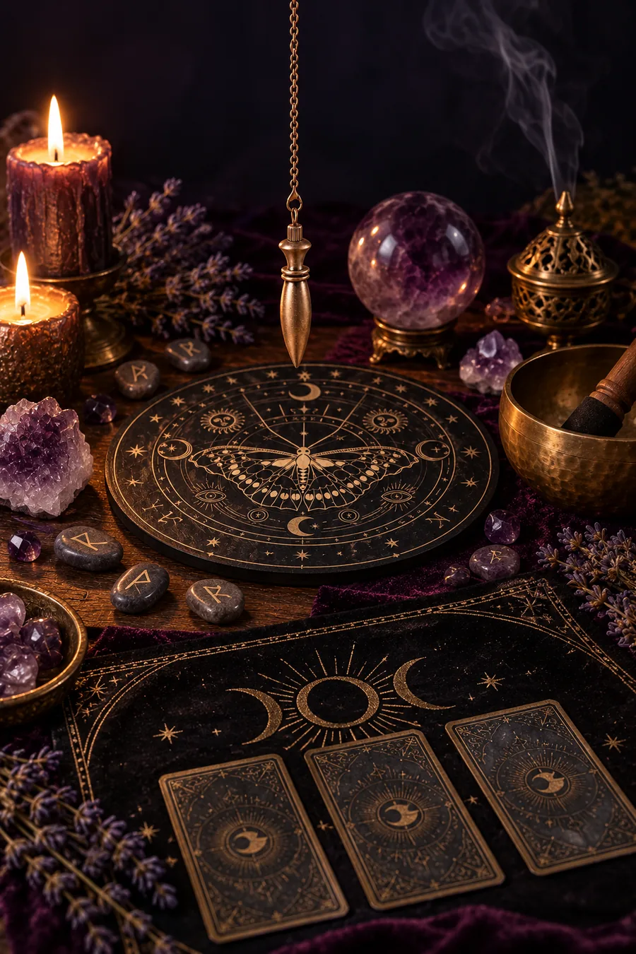 Autel ésotérique à la bougie : pendule en laiton au-dessus d'une planche de radiesthésie, runes, boule de cristal en améthyste, bol tibétain, encensoir et tapis de tarot