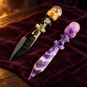 Athamé en Obsidienne Argentée Sculptée