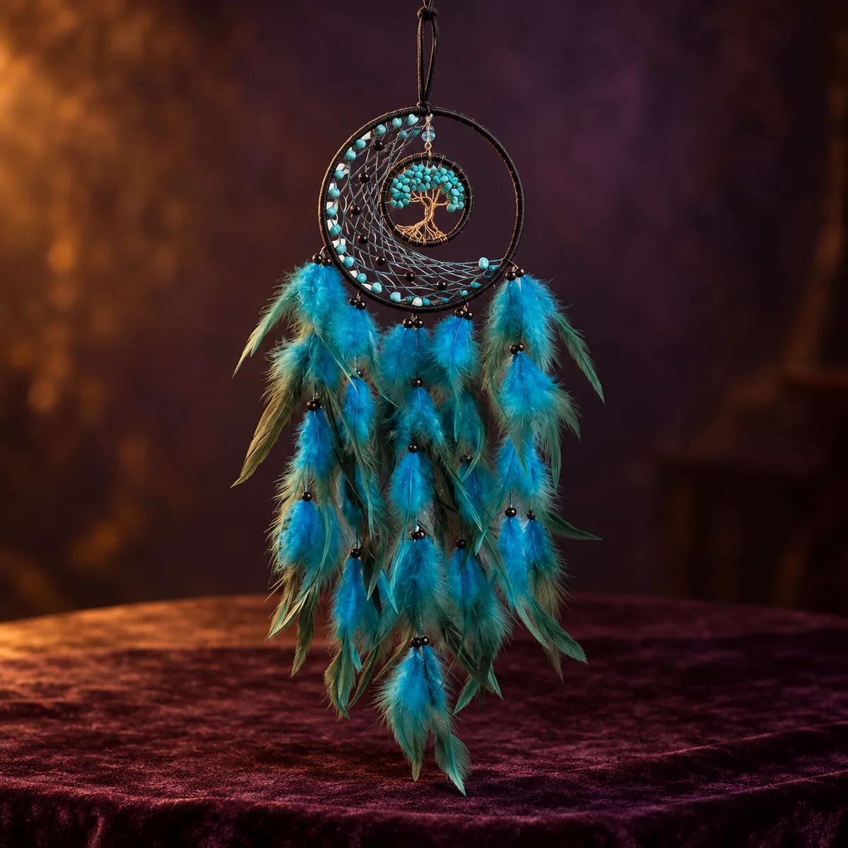 Attrape-Rêves Arbre de Vie et Plumes Bleu Turquoise