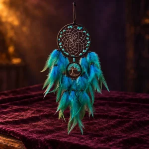 Attrape-Rêves Deux Anneaux et Plumes Bleu Turquoise