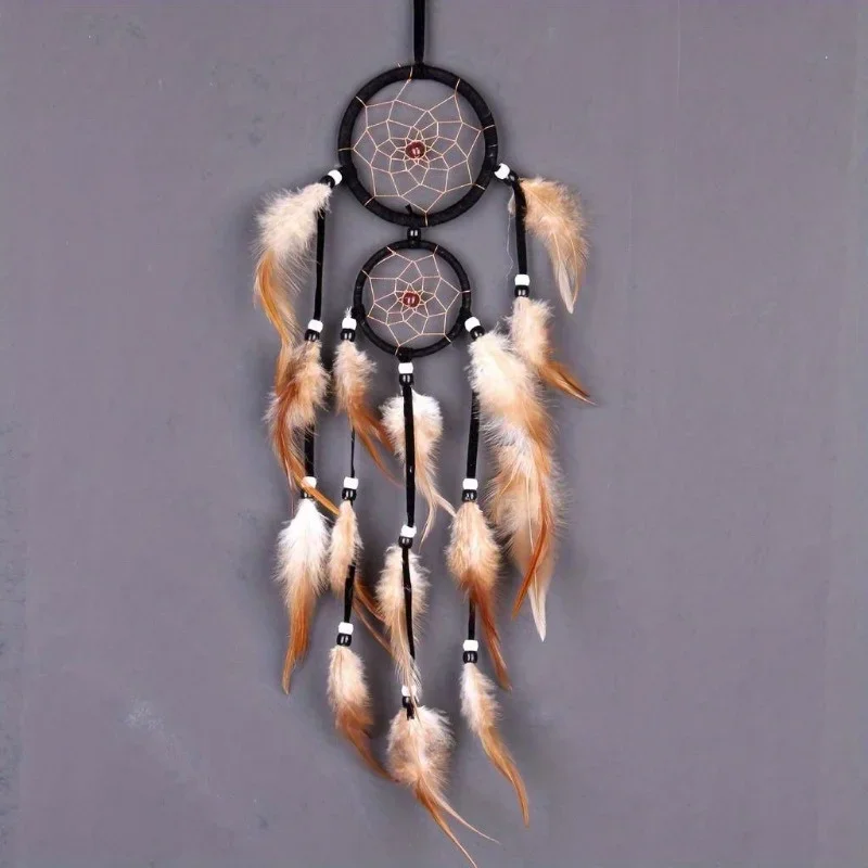 Attrape-Rêves Indien à Plumes Marron en Fil de Coton – vue 4