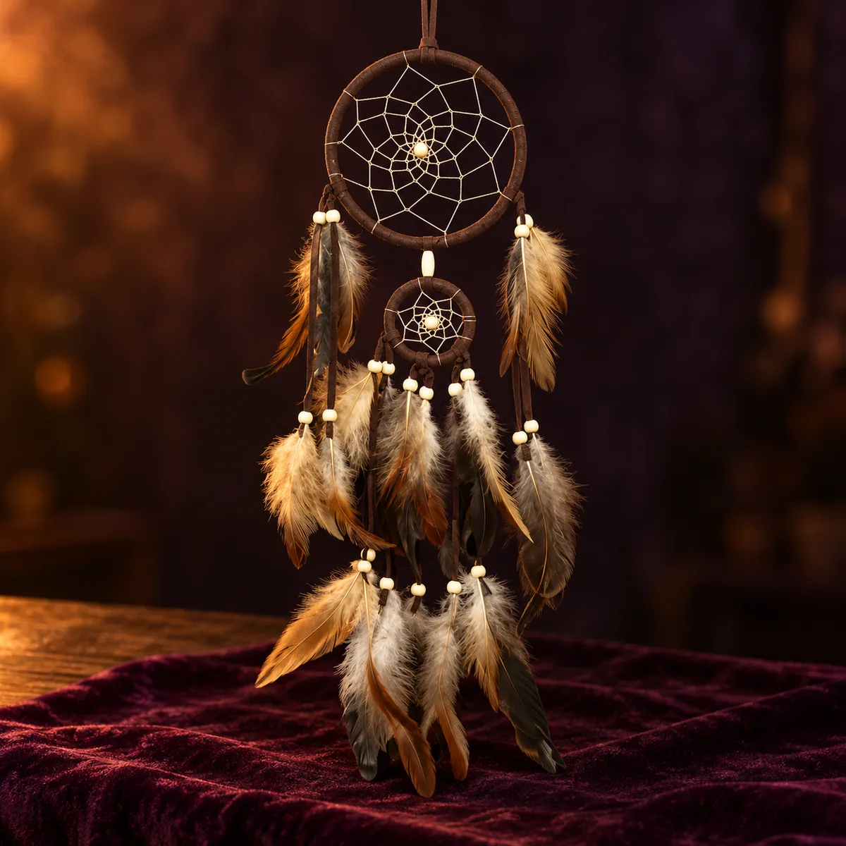 Attrape-Rêves Indien à Plumes Marron en Fil de Coton