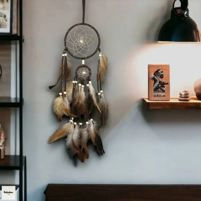 Attrape-Rêves Indien à Plumes Marron en Fil de Coton