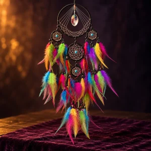 Attrape-Rêves Noir à Pointe de Cristal et Plumes Multicolores