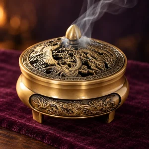 Encensoir Dragon et Phénix Ajouré, Finition Laiton Antique