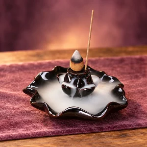 Fontaine à Encens Coupelle Lotus Plate en Céramique Noire