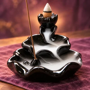 Fontaine à Encens Lotus Étagé en Céramique Noire