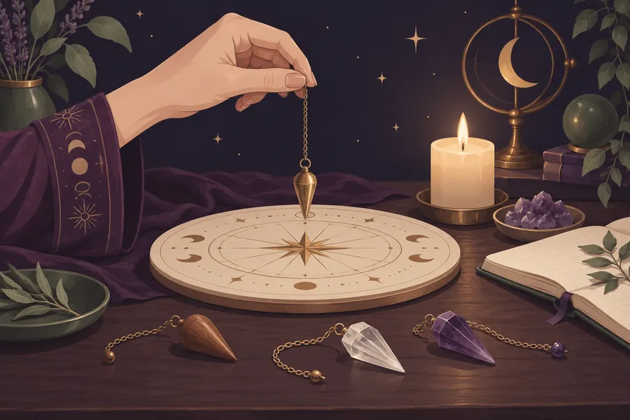 Illustration : une main tient un pendule au-dessus d'une planche, à côté de pendules en bois, cristal et améthyste