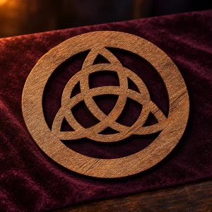 Pentacle d’Autel en Bois Rond Gravé d’un Nœud Celtique