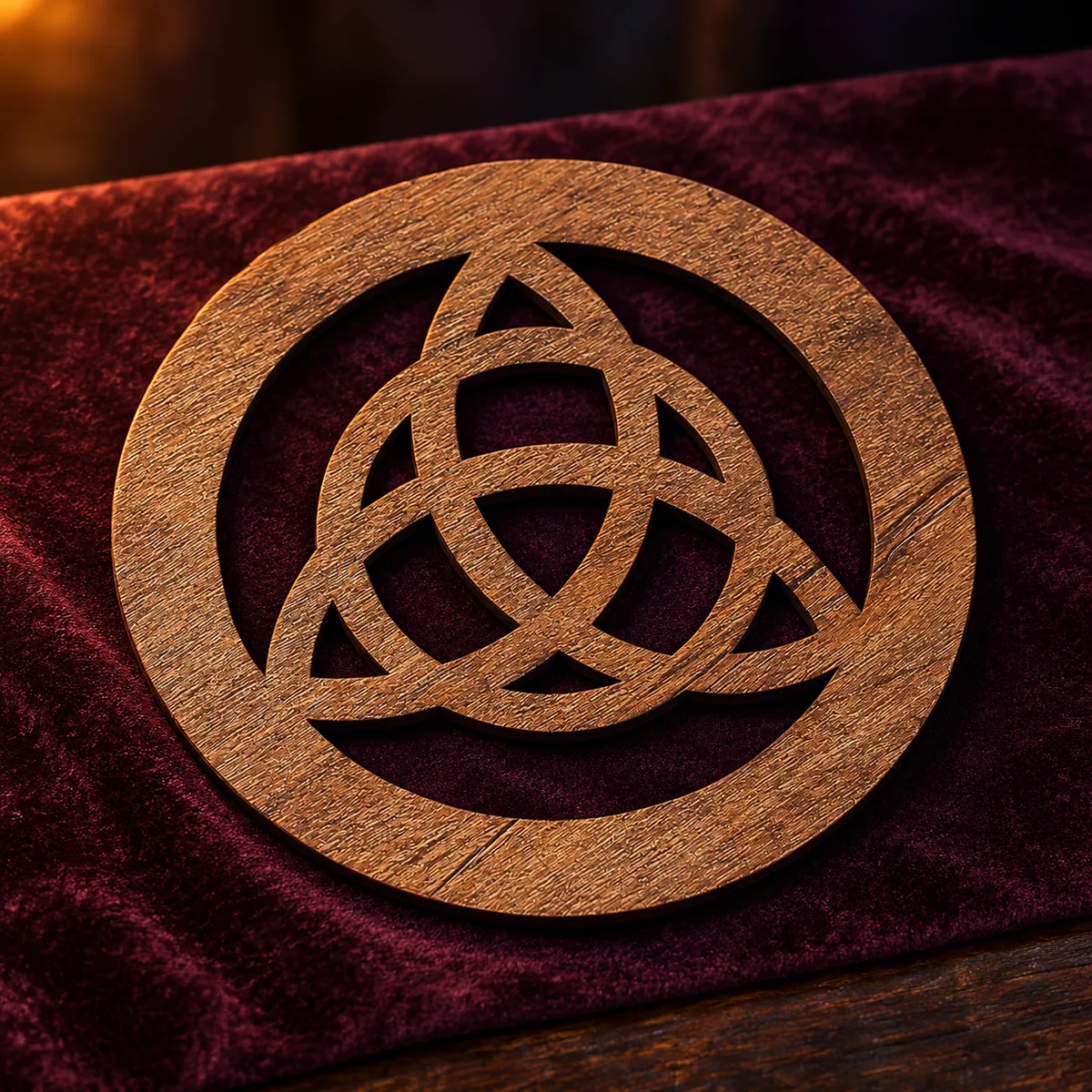Pentacle d’Autel en Bois Rond Gravé d’un Nœud Celtique
