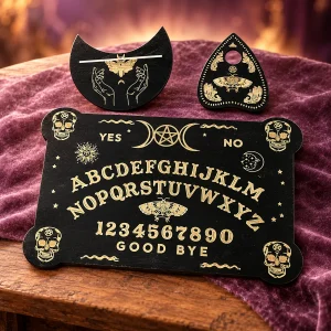 Planche Ouija Noire à Coins Arrondis, Têtes de Mort et Pentacle