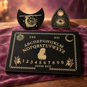 Planche Ouija Noire, Femme en Prière et Croissant de Lune