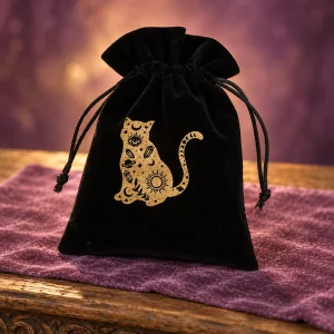 Pochette de Tarot Velours Noir Chat Assis
