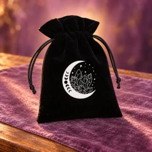 Pochette de Tarot Velours Noir Croissant de Lune Fleuri