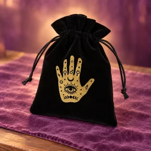 Pochette de Tarot Velours Noir Main Ouverte et Œil