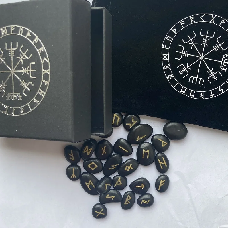 Runes Divinatoires en Galets de Rivière, Boîte et Sachet