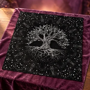 Tapis de Tarot Arbre de Vie Blanc sur Fond Noir