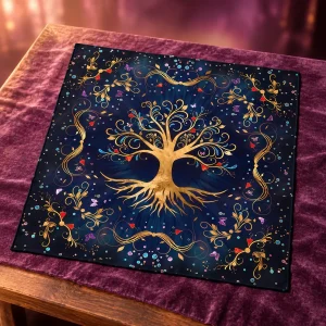 Tapis de Tarot Arbre de Vie Doré sur Ciel Bleu