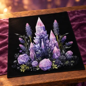 Tapis de Tarot Cristaux Violets et Fleurs