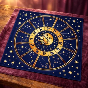 Tapis de Tarot Soleil-Lune et Zodiaque Fond Bleu