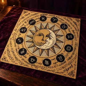 Tapis de Tarot Soleil et Zodiaque Fond Doré