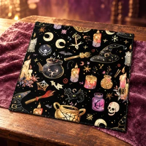 Tapis de Tarot Symboles Ésotériques sur Fond Noir