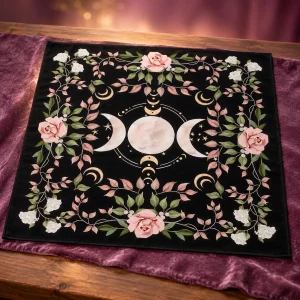 Tapis de Tarot Triple Lune et Roses Fond Noir