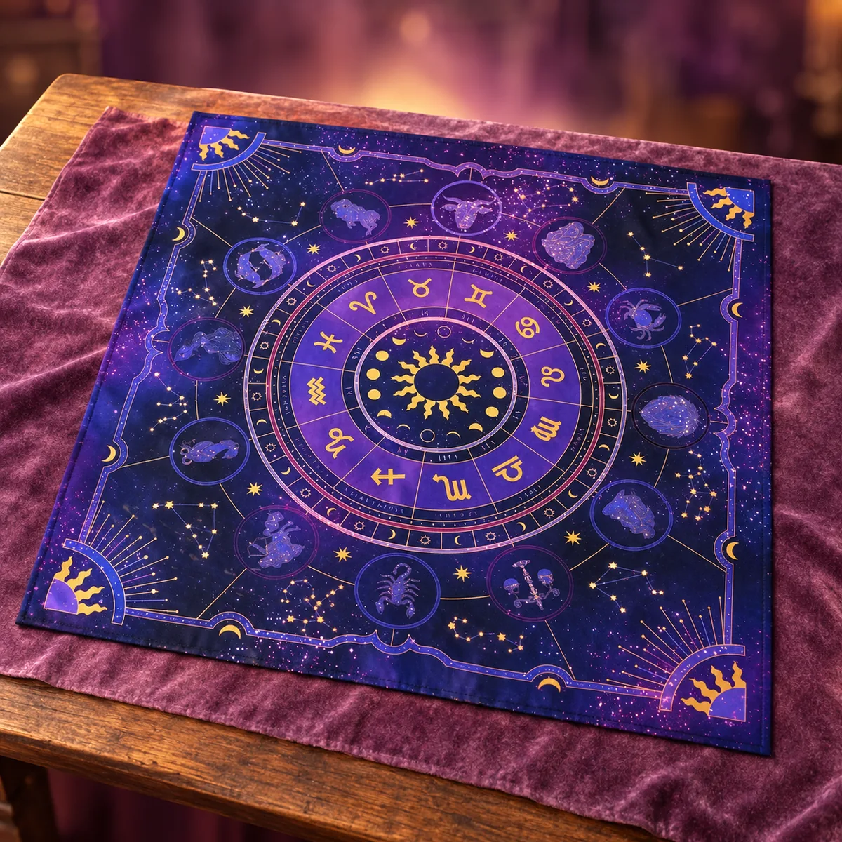 Tapis de Tarot Zodiaque sur Galaxie Violette