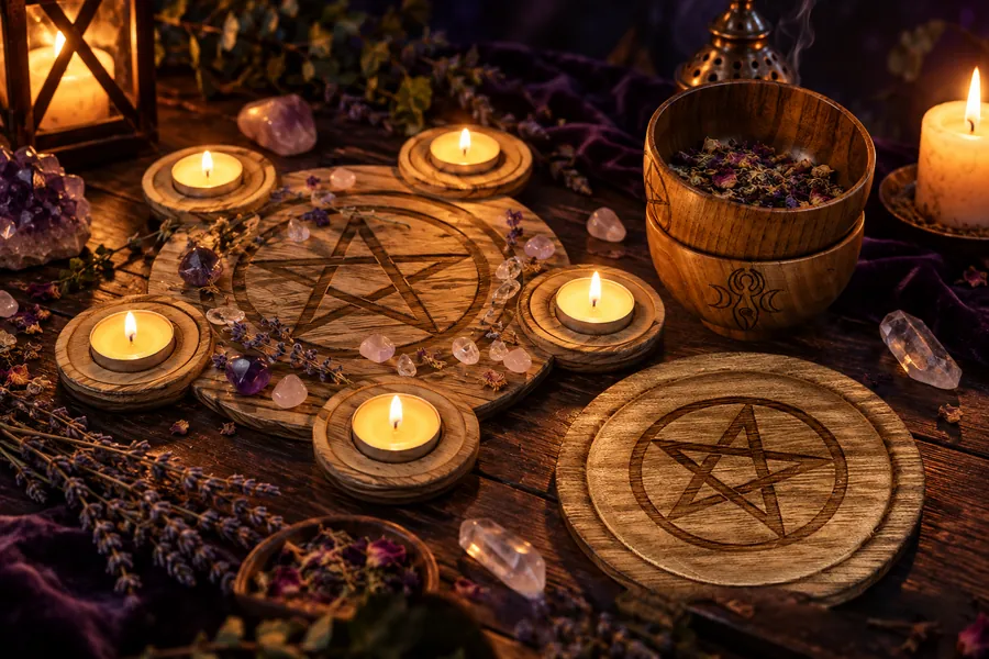 Autel en bois avec plateau pentacle, bougies et bol rituel