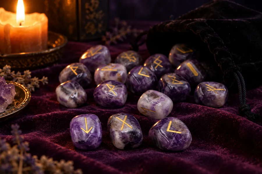 Runes divinatoires en améthyste gravées, sur un velours prune