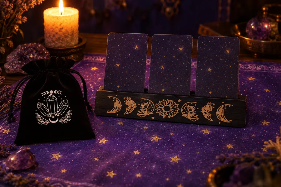 Tapis de tarot étoilé, présentoir en bois et pochette en velours